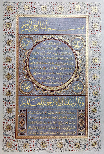 Hilya Calligraphy Panel in Jali Thuluth and Naskh Scripts - Precision Print (Blue)